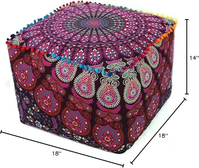 CRAFT KALA Indian Square Patchwork Traditional Pouf Cover Indian Living Room Poufs Cover Decorative Designer Ottoman Home Living Footstool Chair Cover Ottoman Decor 18X18X14 inches, Pink Mirchi