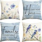 AVOIN colorlife Spring Saying Flowers Butterfly Bird Throw Pillow Covers, 16 x 16 Inch Home Sweet Home Blue Cushion Case for Sofa Couch Set of 4