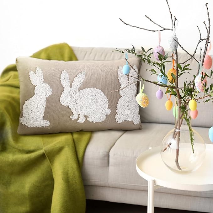Mixweer Easter Pillow Covers 12 x 20 Inch Bunny Pillow Covers Neutral Easter Bunny Decor Neutral Tufted Embroidery Decorative for Home Living Room Bed Decor
