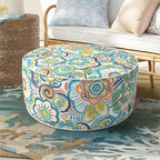 Inflatable Ottoman Stool D21 xH9 for Outdoor/Indoor Use, Water Repellent Patio Foot Rest Stool with Portable Handle,Round Pouf Ottoman Suitable for Garden,Deck and Camping - Flower Blue