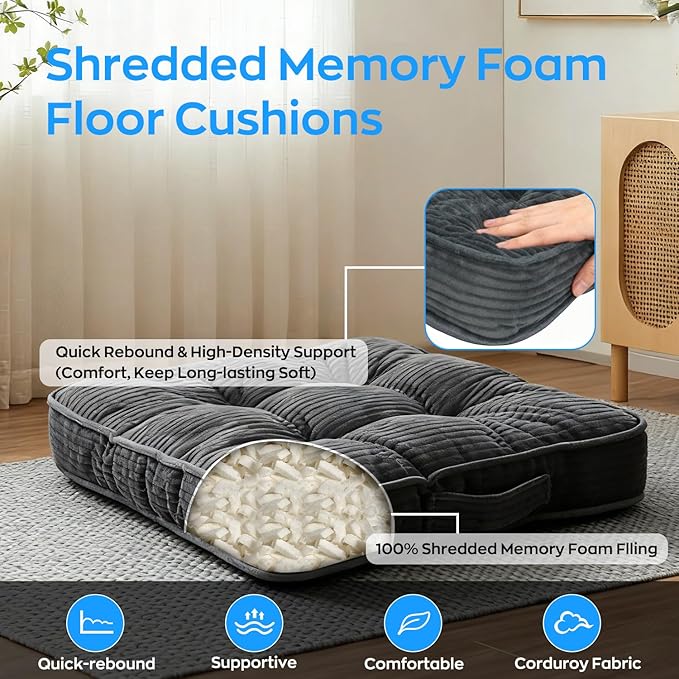 Meditation Floor Pillow Memory Foam Floor Cushions for Adults 22x22+4” Thicken Floor Sitting Large Square Pillows Seating Tufted Corduroy Seat Cushions Machine Washable for Yoga Living Room