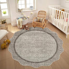 GarveeHome Scalloped Round Area Rugs, Washable Small Round Rug 3 ft Non-Slip, Soft Christmas Solid Ultra-Thin Circle Low Pile Stain Resistant Carpet for Bedroom Entryway Kitchen Bathroom, Brown