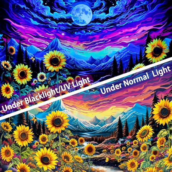 Dermijer Blacklight Moon Sunflower Tapestry Starry Night Mountian UV Reactive Wall Hanging Tapestries Galaxy Space Nature Landscape Tapestry for Home Decor 90.2L x 70.8W