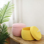 Sea Team Round Cotton Rope Storage Basket with Lid, Decorative Woven Storage Bin, Pot, Caddy, Organizer, Container for Snacks, Towels, Plants, 10 x 7.5 Inches (Small, Yellow)