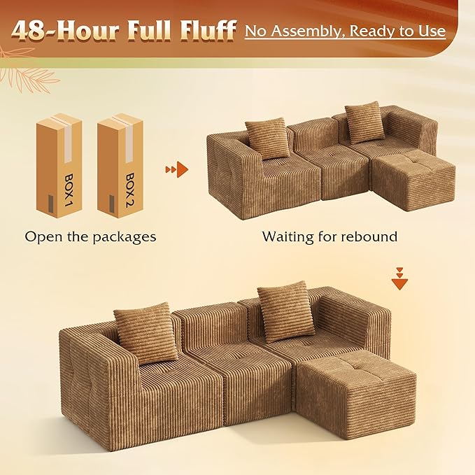 WLIVE 108'' Cloud Sectional Couches for Living Room, Modular Boneless Couch with Left Facing Chaise, L Shape Memory Foam Corduroy, with Ottoman, Brown