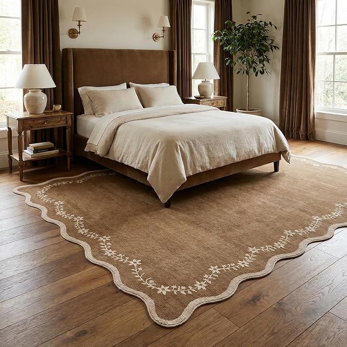 GarveeHome Scalloped Area Rugs 8x10 for Living Room, Solid Brown Large Washable Rug Soft Non Slip Backing Floor Mat Carpet Indoor Thin Rug for Bedroom Dining Room Playroom Nursery Home Decor