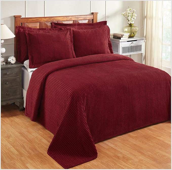 Better Trends Chenille Bedspreads King Size, Burgundy 100% Cotton Chenille Stripe Design Tufted Bedding Coverlet Soft Lightweight, 120"x110" 1 Piece Jullian Collection