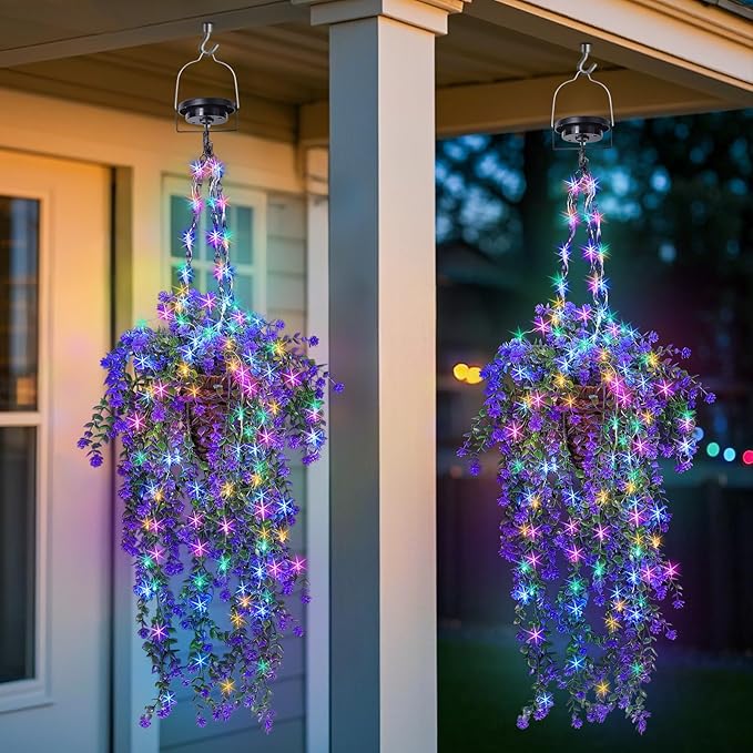 Lighted Artificial Flowers Basket for Hanging: Handmade Rattan Hanging Basket with Light up Fake Flowers for Porch Garden - 2 Pack Cone Fowers Basket with Solar Lights for Wedding Party Home Decor