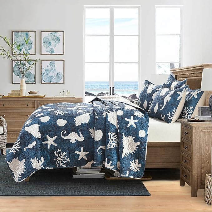HORIMOTE HOME Coastal Quilt Bedding Set King Size, Reversible Navy Summer Beach Quilt Lightweight Ocean Nautical Comforter Tropical Bedspread Coverlet with 2 Pillow Shams for All Seasons (106"x96")