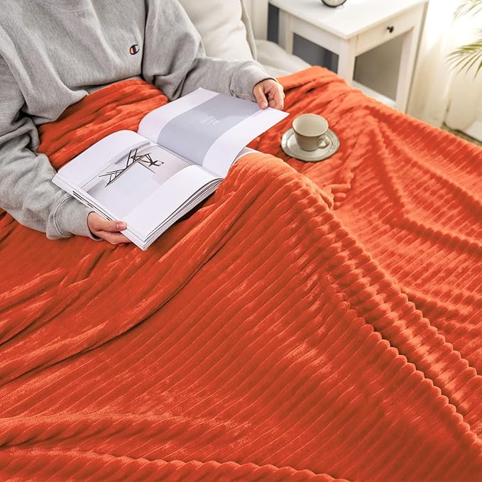 MIULEE Burnt Orange Throw Blanket 3D Ribbed Jacquard Fleece Flannel Velvet Plush Decorative Bed Blanket (Throw, 50" x 70") - Super Soft, Lightweight, Warm and Cozy for Couch Sofa