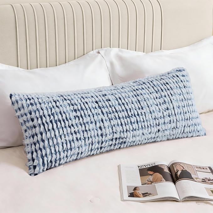 Boho Chenille Tufted Pillow Cover 14x36 Inch Set of 1, Farmhouse Striped Decorative Pillow Covers Accent Fluffy Neutral Long Body Bolster Pillow for Couch Sofa Bedroom Living Room, Blue White