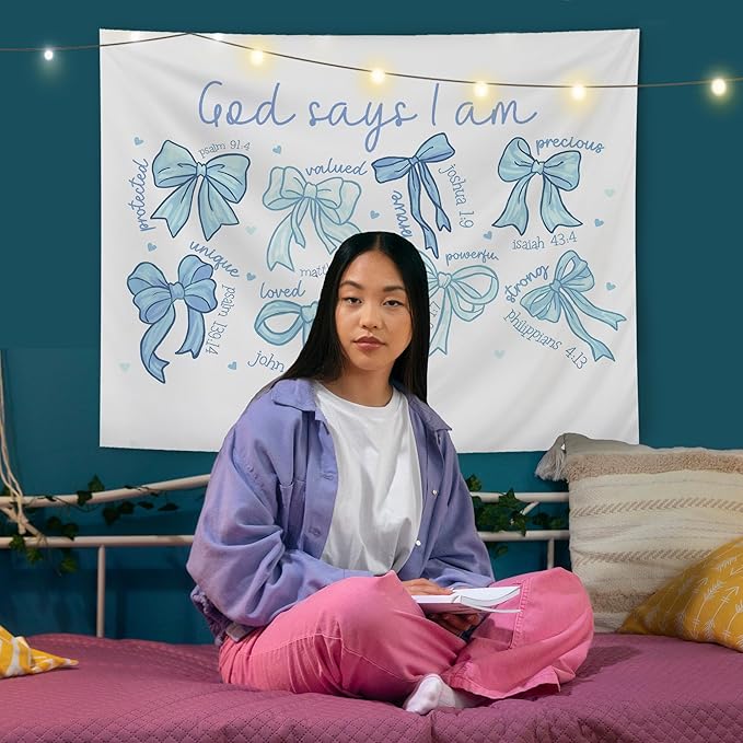 AQYIP Light Blue Bows Coquette Tapestry, God Says I Am Inspirational Bible Verse Tapestry, Blue Girly Christian Wall Blanket Decor for Girls Room Dorm Apartment, 50x60 Inch