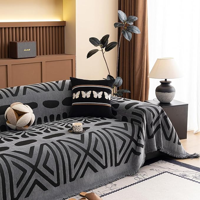 VClife Bohemian Oversize Sofa Cover Washable, Non Slip Chenille Couch Cover for 3-4 Cushion Couch Sofa Pet Furniture Protector Modern Tribal Black Gray Sofa Slipcover for Sectional Couch 71''x150''