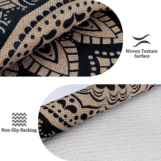 Outdoor Round Rug 8ft, Easy Jute Rug Washable Indoor Outdoor Patio Rug, Non Slip Round Area Rug Farmhouse Front Door Mat,Boho Lightweight Carpet for Backyard Patio Entry (Black,8 Ft)