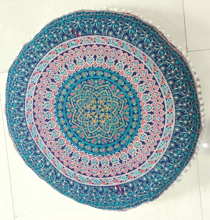 INDIAN CRAFT CASTLE 24" Brown Peacock Mandala Barmeri Large Floor Pillow Cover Cushion Meditation Seating Ottoman Throw Cover Hippie Decorative Zipped Bohemian Pouf Ottoman Pom Pom Cases 24" Round