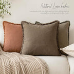 Foindtower Set of 2 Decorative Linen Fringe Throw Pillow Covers Cozy Boho Farmhouse Cushion Cover with Tassels Soft Accent Pillowcase for Couch Sofa Bed Living Room Home Decor, 16×16 Inch, Light Brown