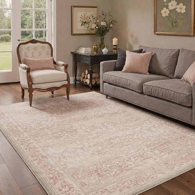 Washable 2x3 Rug, Small Entryway Rug Indoor, Non-Slip Vintage Floral Throw Rug for Front Door, Kitchen, Bathroom, Low Pile Boho Floor Mat, Pink