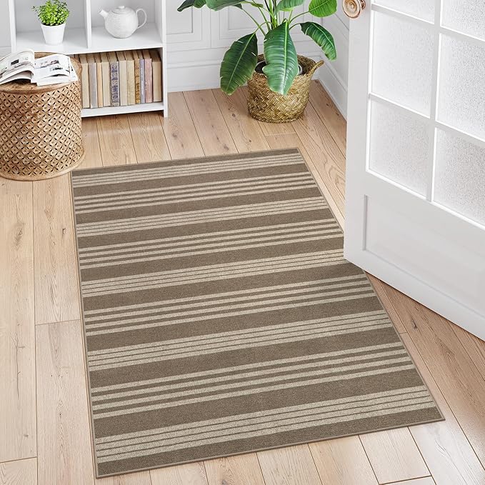 Lahome Elance Striped Easy Jute Porch Rug, 3x5 Washable Rugs for Entryway Living Room, Farmhouse Nature Non Slip Non Shedding Indoor Outdoor Carpet for Entry Classroom Patio, Khaki