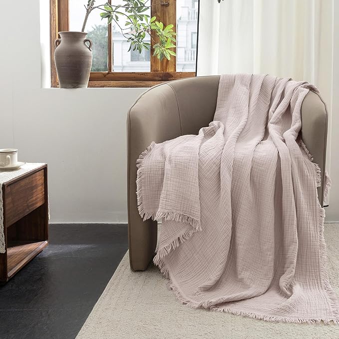 FOSSA Muslin Blanket with Fringe - 4-Layer 100% Cotton Gauze Super Soft & Breathable Throw -Lightweight Decorative Cooling Blanket for Bed, Sofa, Office (Greyish Pink, Throw XL (50" × 70"))
