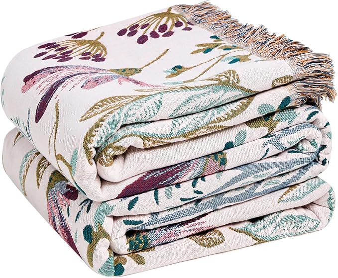 Boho Throw Blanket for Couch Sofa Chair Cotton Spring Blankets for Bedroom Living Room All Season Lightweight Reversible Floral Embroidery Throws 50"x60"