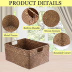 Hipiwe Seagrass Storage Baskets Bin for Shelf Handwoven Wicker Baskets Built-in Handles Rectangular Closet Bedroom Organizer Box Multipurpose Storage Basket Organizer,16.1"L x11.8"W x7.7"H