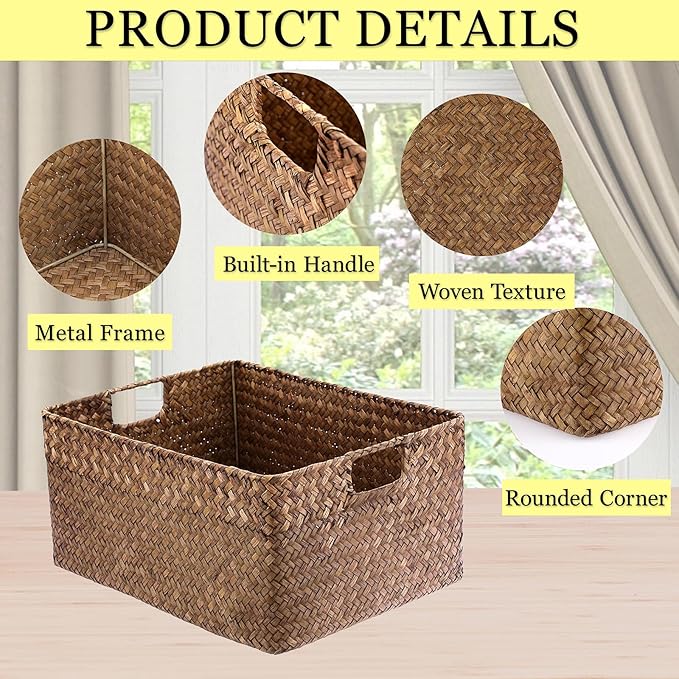 Hipiwe Seagrass Storage Baskets Bin for Shelf Handwoven Wicker Baskets Built-in Handles Rectangular Closet Bedroom Organizer Box Multipurpose Storage Basket Organizer,16.1"L x11.8"W x7.7"H