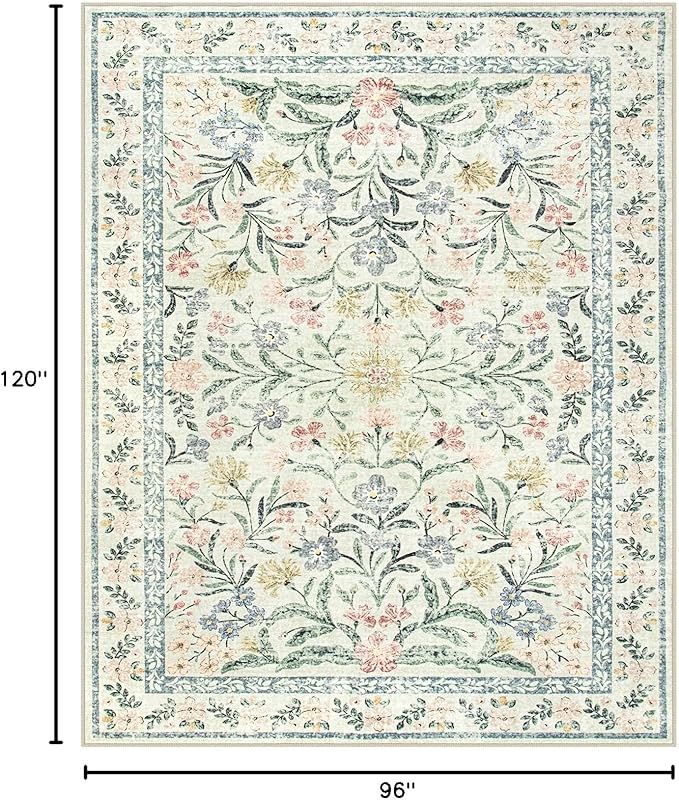 Lahome Sylvie Boho Rugs for Living Room, Washable Large 8 x 10 Area Rugs for Bedroom Non Slip, Soft Ultra-Thin Distressed Floral Throw Carpet for Office Dining Room, Cream/Multi