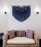 Youngeast Large Macrame Wall Hanging Boho Beaded Curtain for Window Macrame Bedroom Headboard Living Room Wall Art Tassel Tapestry Bohemian Woven Wall Decor 31" W X 25" H (Navy)