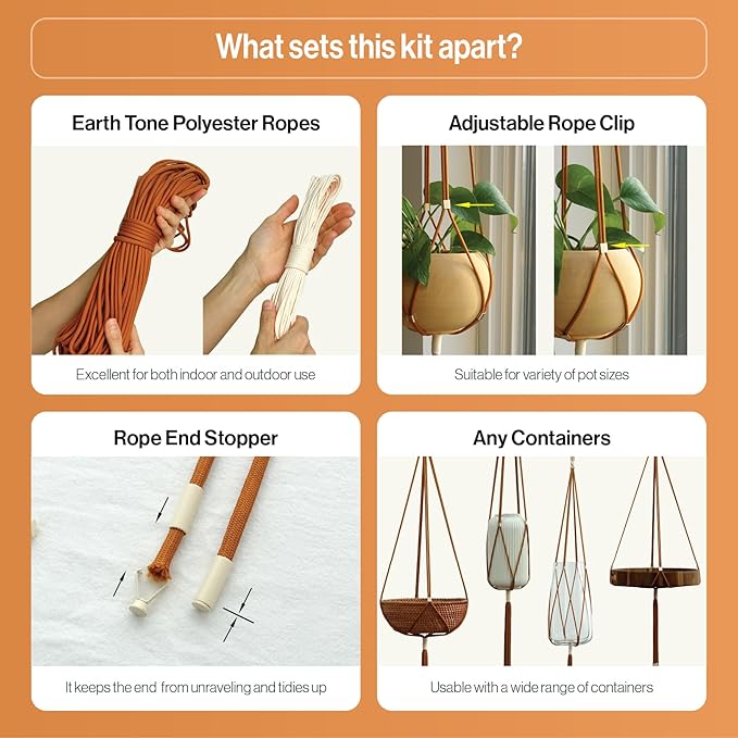 Macrame Kits for Beginners, 3 Set of Plant Hangers DIY Kit: Braided Polyester Ropes 50yds*5mm Burnt Orange, 20yds*2mm Ivory, 60+Pcs Supplies with Step-by-Step Easy Instructions (ORIV)
