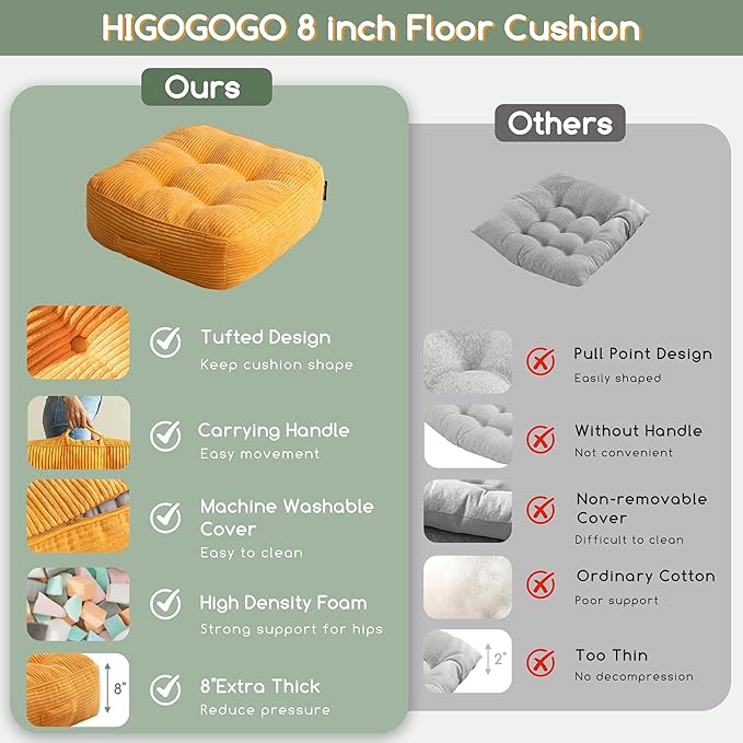 HIGOGOGO 8" Extra Thick Floor Pillow Cushion for Adults, Meditation Cushion Pillow, Large Square Floor Sitting, Tufted Corduroy Cover, for Tatami Living Room or Yoga, 22x22 Inch, Orange