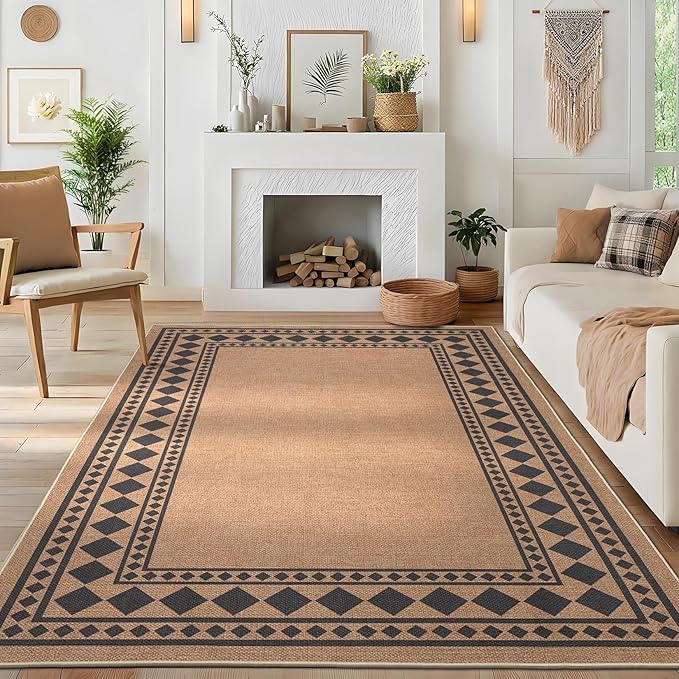 GarveeHome Easy Jute Rug 8x10 Washable Jute Rugs for Living Room, Non-Slip Outdoor Rug for Patio, Modern Indoor Solid Bordered Rugs for Dining Room Table Bedroom Patio Farmhouse, Brown