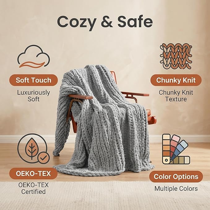 Amélie Home Chunky Knit Throw Blanket for Couch, Soft Chenille Crochet Blanket for Sofa, 50"x60", Light Grey