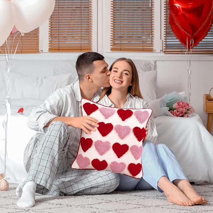 Whaline 2 Pcs Valentine's Day Tufted Throw Pillow Covers Pillow Case 18 x 18 Inch Embroidery Red Pink Heart Cushion Case for Wedding Anniversary Bedroom Sofa Couch Bed Holiday Festival Home Decor