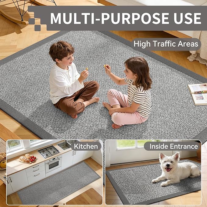Washable Area Rug 5x7 Large Jute Like Rug for Living Room, Soft Non Slip Rugs Carpet for Dining Room Bedroom Cotton Boho Woven Braided Rugs Home Office Decor, Grey