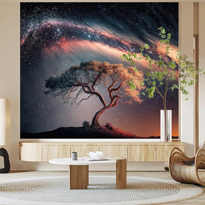 Large Space Galaxy Tree of Life Tapestry for Bedroom Aesthetics, Black Starry Sky Night Star Posters Tapestries, Nature Landscape Blackdrop Wall Hanging for Men Dorm Living Room Decor 60 X 79 Inches