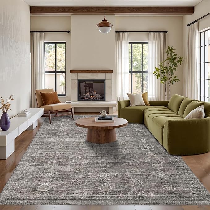 6x9 Area Rugs for Living Room Bedroom, Large Washable Rug, Grey Vintage Retro Boho Rug, Non Slip & Low Pile Faux Wool Thin Carpet for Indoor Dining Room and Kids Room(Taupe/Grey 6x9ft)