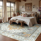 Area Rugs 10'x14' Washable Non-Slip, Floral Vintage Distress Print Pattern Medallion Carpet for Living Room Bedroom Dining Room, Light Yellow Carbon Grey Orange