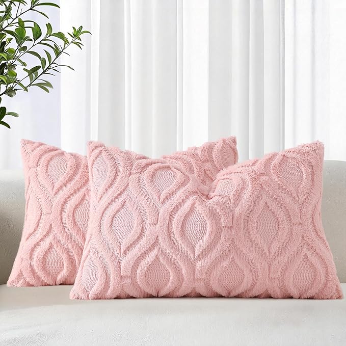 decorUhome Cozy Textured Throw Pillow Covers 12x20 Inch Set of 2, Soft Plush Faux Wool Pink Accent Couch Pillow Covers for Modern Farmhouse Sofa Bed Living Room