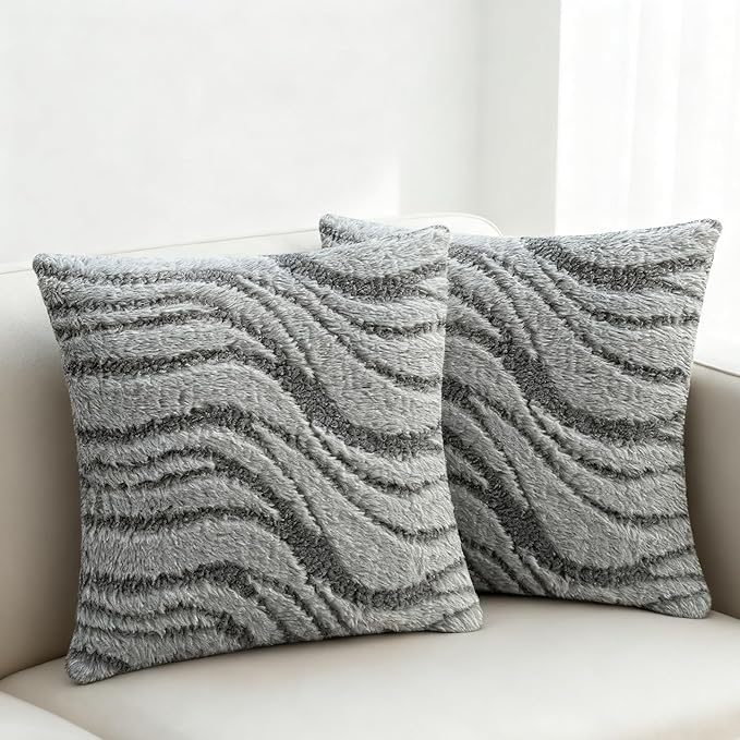 Grey Pillow Covers 20x20 Inches Set of 2,Soft Faux Fur Textured Throw Pillow Covers Boho Geometric Reversible Decorative Pillow Covers Home Decor for Couch Bed Livingroom
