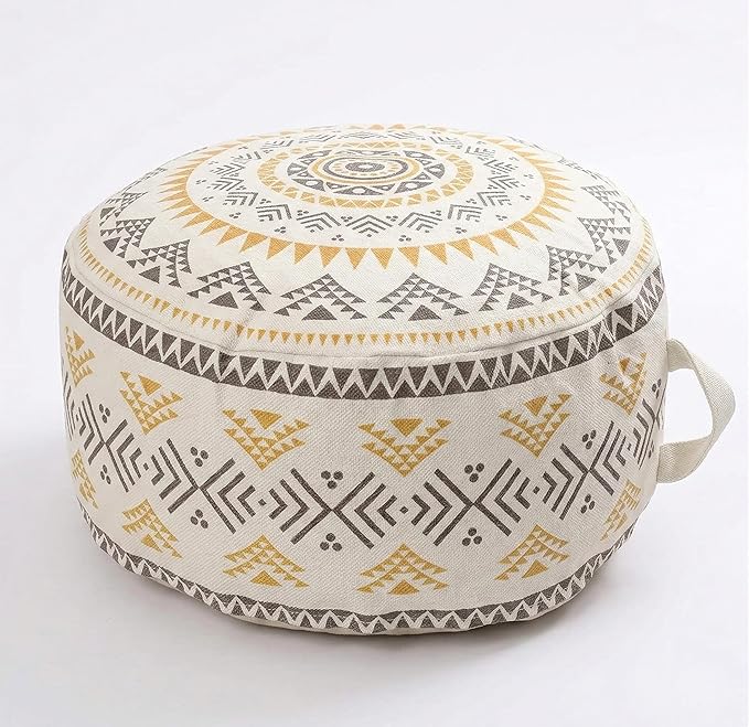 MOCOFO Unstuffed Round Pouf Cover, Boho Geometric Ottoman Footstool Cover with Handle, Decorative Floor Pillow & Storage Bean Bag for Living Room, Nursery, Patio (Yellow,18x18x8)