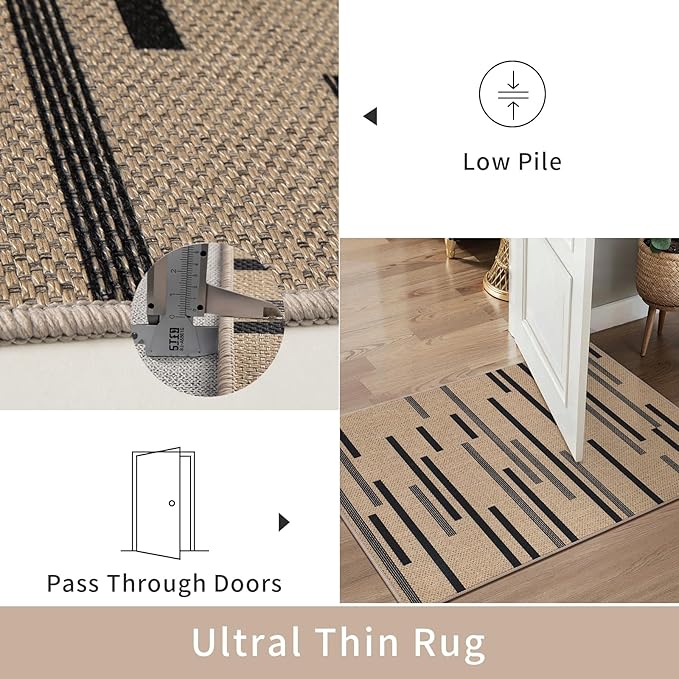 Tangsoo Washable Stripe Easy Jute Rug 4x6 for Paito,Non-Slip Indoor Outdoor Thin Carpet,Farmhouse Black Throw Mat for Front Porch Dining Room Bedroom Backyard Foyer