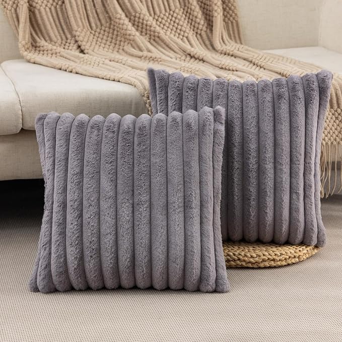 ZLINA Set of 2 Dark Grey Faux Fur Decorative Throw Pillow Covers Fluffy Striped Pillowcase Cushion Covers 20 x20 Inch Decor Sofa Couch Bedroom
