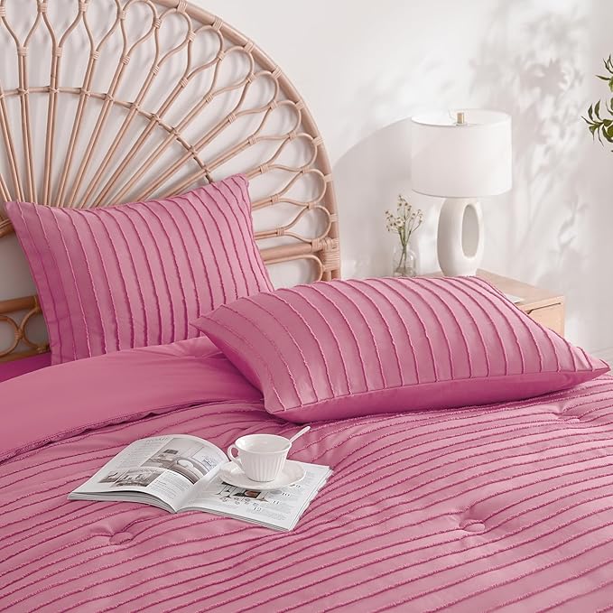 JELLYMONI Pillowcases Standard Size Bright Pink 2 Pack Boho Striped Bed Pillow Covers 20x26in Polyester Envelope Pillow Shams Tufted Bohemian Textured (Pillows are not Included)