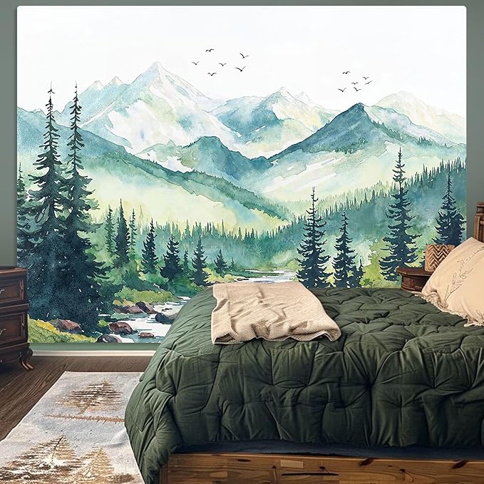 Accnicc Watercolor Forest Mountain Tapestry Green Nature Pine Tree River Wall Tapestry for Bedroom Aesthetic Misty Woods Birds Large Tapestries Wall Hanging for Living Room Dorm Decor 80 x 60 Inch