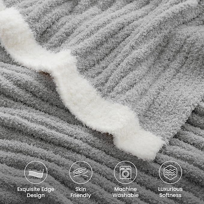Snuggle Sac Fluffy Ribbed Grey Blanket Twin Size, Soft Luxurious Knit Fuzzy Microfiber Blankets for Couch, Sofa, Bed, Grey, 60x80 inches