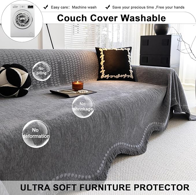 ROOMLIFE Gray Couch Cover Boho Sofa Covers for 3 Cushion Couch Washable, Furniture Protector Sofa Couch Cover for Dogs, Soft Chenille Sofa Slipcover, Couch Throw Blankets with Tassels 71 '' X 118''