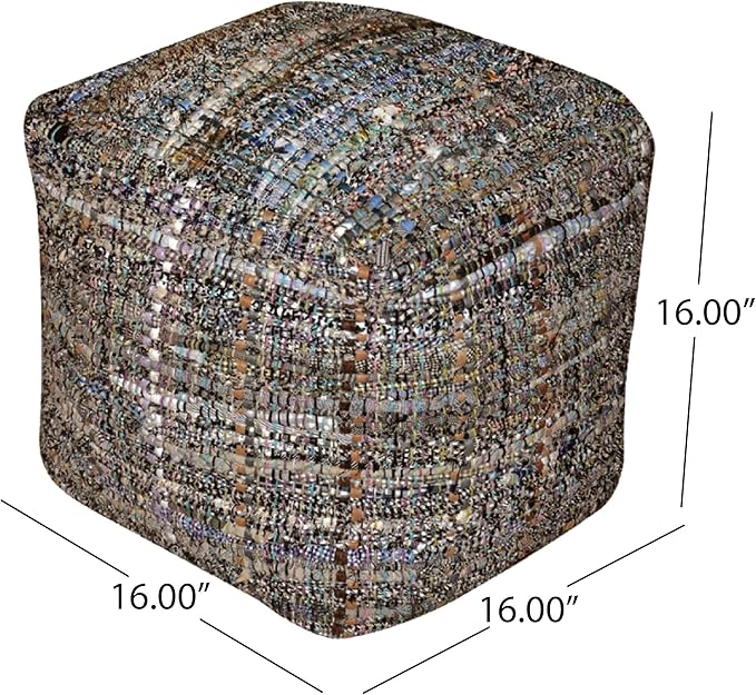 GDFStudio Boho Handmade Fabric Cube Pouf Ottoman Foot Stool - Bean Bag Floor Chair - Foot Rest Couch for Living Room Bedroom Khaki,16" x 16" x 16"