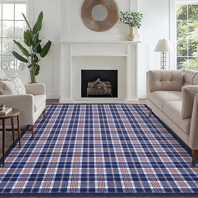 GarveeHome Checkered Area Rugs 6x9 for Living Room, Machine Washable Non Slip Backing Rug, Stain Resistant Low-Pile Indoor Carpet for Bedroom Dining Room Office Nursery Blue