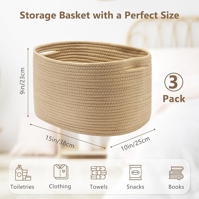 Cotton Rope Storage Basket, 15x10x9 Inches, Woven Basket for Shelves, Clothes, Towels, Books, and Laundry, Jute Brown (3 Pack)