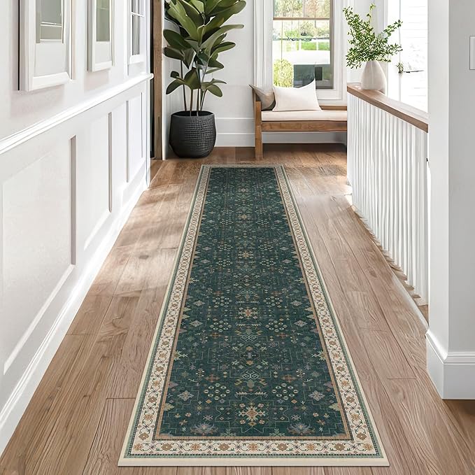 Dark Green Hallway Runner Rug 12 ft Long - Modern Vintage Boho Eclectic Floral with Brown Accent, Washable Low Pile Non-Slip Extra Long Wide Runner Rugs for Kitchen, 3x12